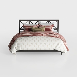 Modern Black Metal Frame Upholstered King Bed with Velvet Bedding 3D Model