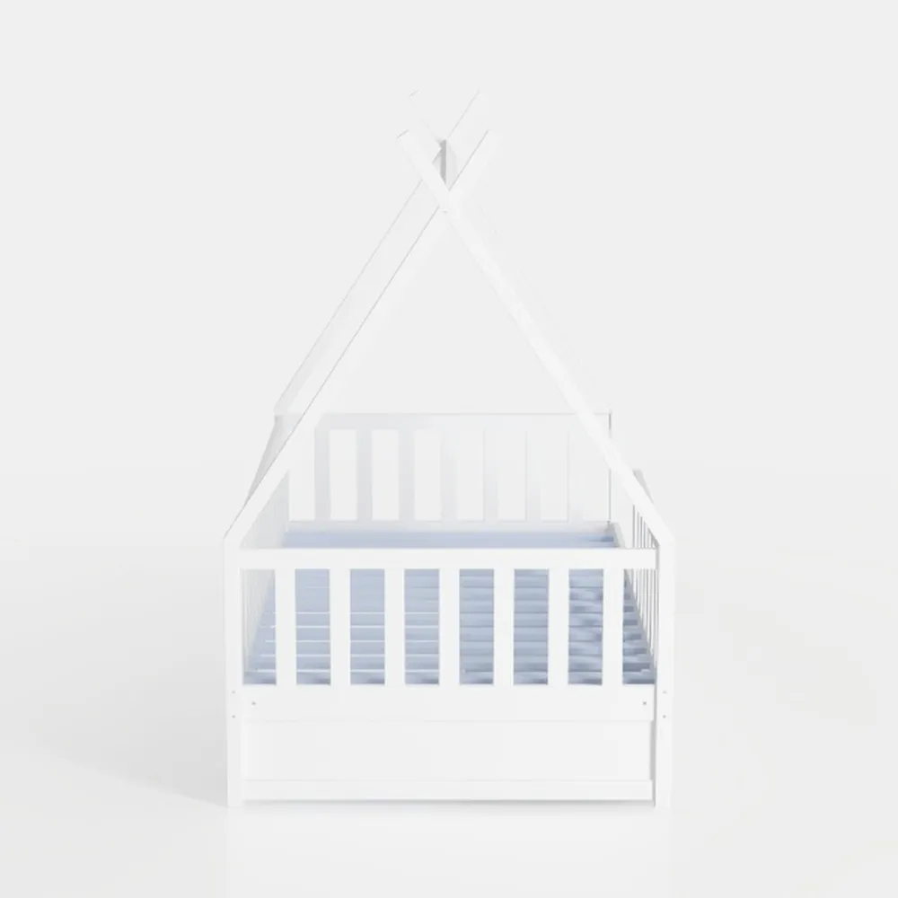 Twin Size Metal House Platform Bed with Guardrail 