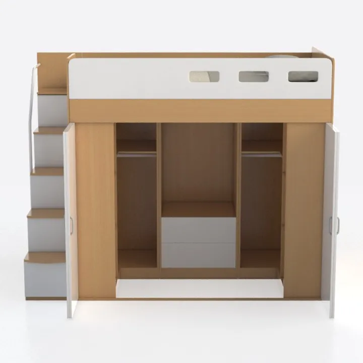 White Functional Loft Bed with 3 Shelves, 2 Wardro