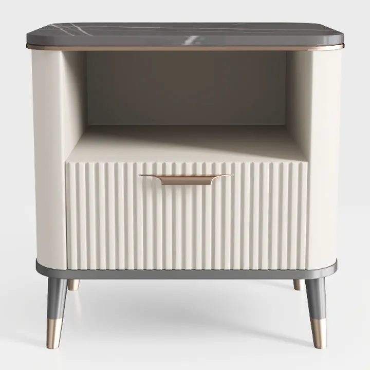 Modern Marble Top Solid Wood Fluted Nightstand with Gold Accents 3D Model