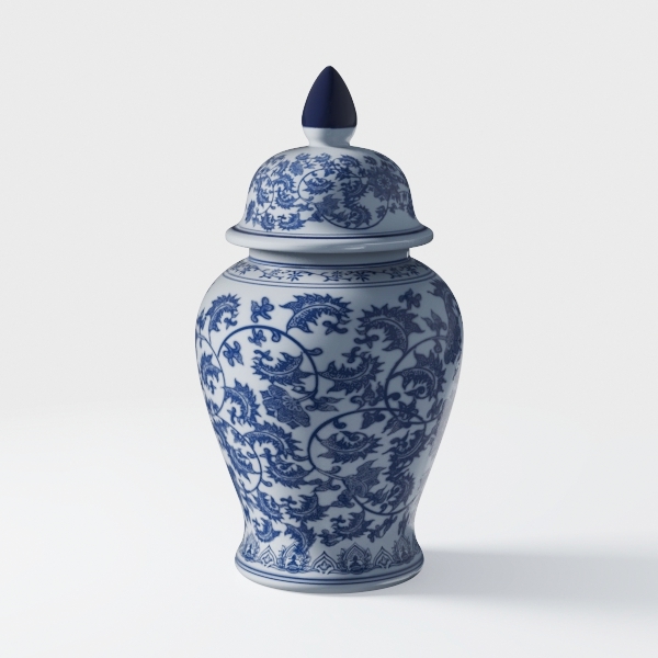 Chinese Style Ceramic Ginger Jar Beautiful Dried Flower Vase Glazed Asian Decor Chinese Blue White Vase Centerpiece Temple Jar