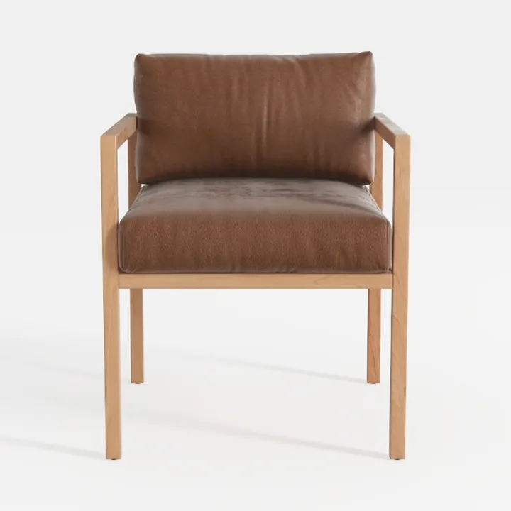 Modern Oak Frame Brown Leather Upholstered Armchair 3D Model