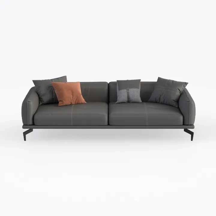 Modern Minimalist Dark Gray Leather Sofa With Decorative Throw Pillows 3D Model