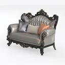 Vintage Baroque Solid Wood Leather Loveseat with Decorative Pillows 3D Model Left 45 Degree View