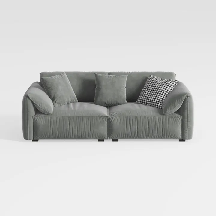 Minimalist Gray Velvet 4 Seater Sofa With Decorative Throw Pillows 3D Model