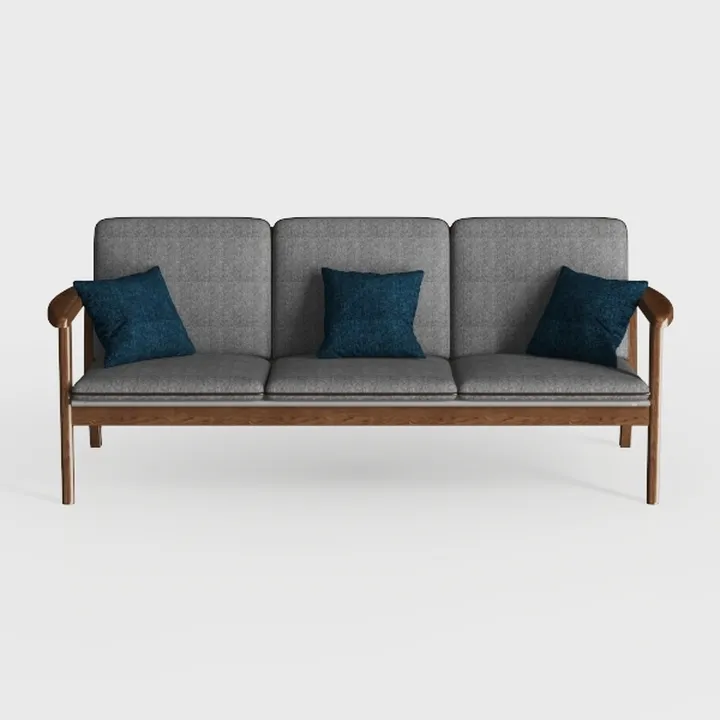 Modern Solid Wood Fabric Three Seat Sofa With Decorative Throw Pillows 3D Model