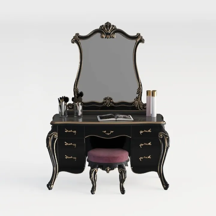 3-Piece Black Vanity Set with Carved Mirror and Tu