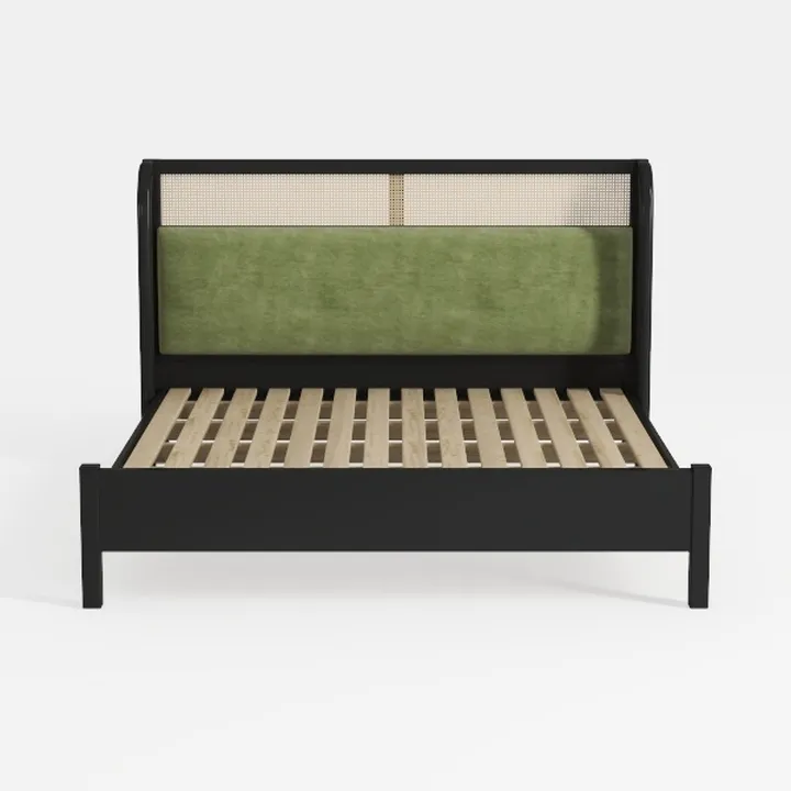 Modern Black Wood Cane Velvet Upholstered King Size Bed 3D Model