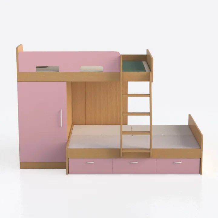 Letto a castello QUBA a 3 posti, 200 x 90 cm, con reti e materasso in bianco, grigio o pino naturale (grigio/rosa)