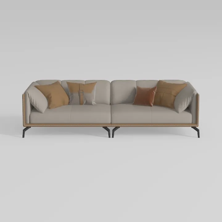 Modern Fabric Leather Accent 3 Seater Sofa With Decorative Throw Pillows 3D Model
