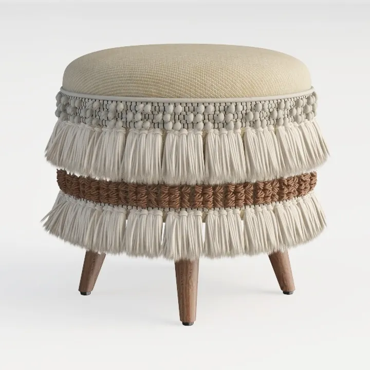Bohemian Fabric Wood Fringed Round Ottoman 3D Model