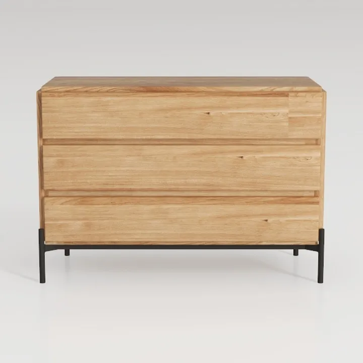Minimalist Solid Oak Wood 3 Drawer Dresser with Black Metal Legs 3D Model