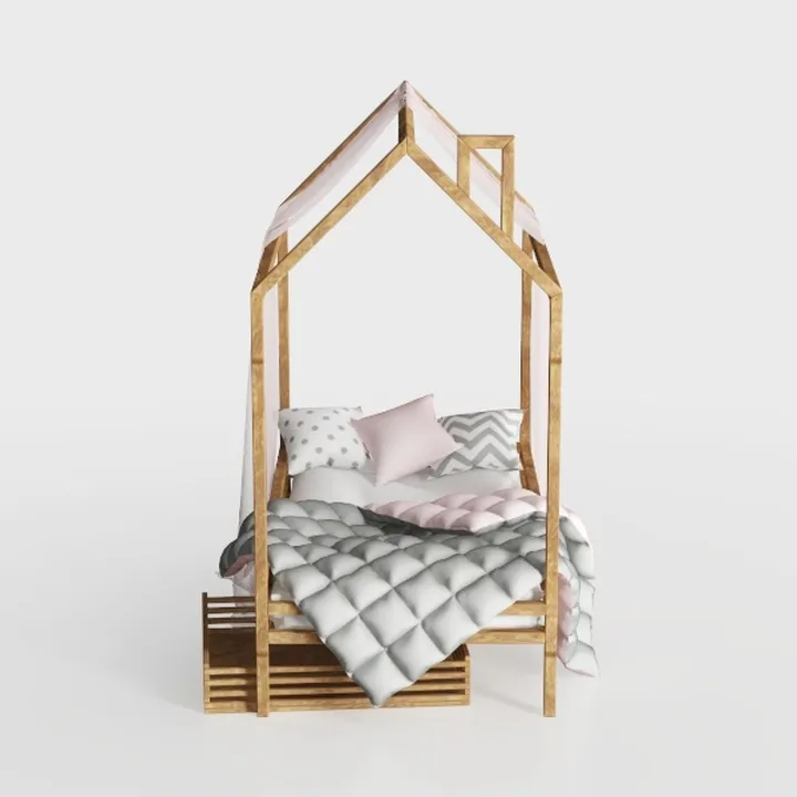 Modern Solid Wood House Canopy Bed with Soft Bedding 3D Model