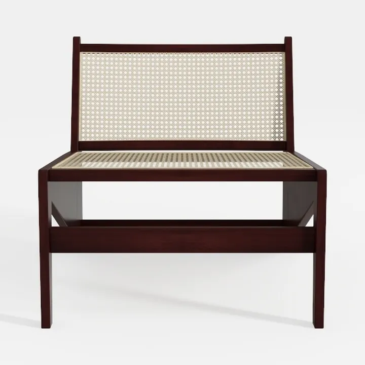 Brown Rubberwood Armless Accent Chair with PE Ratt