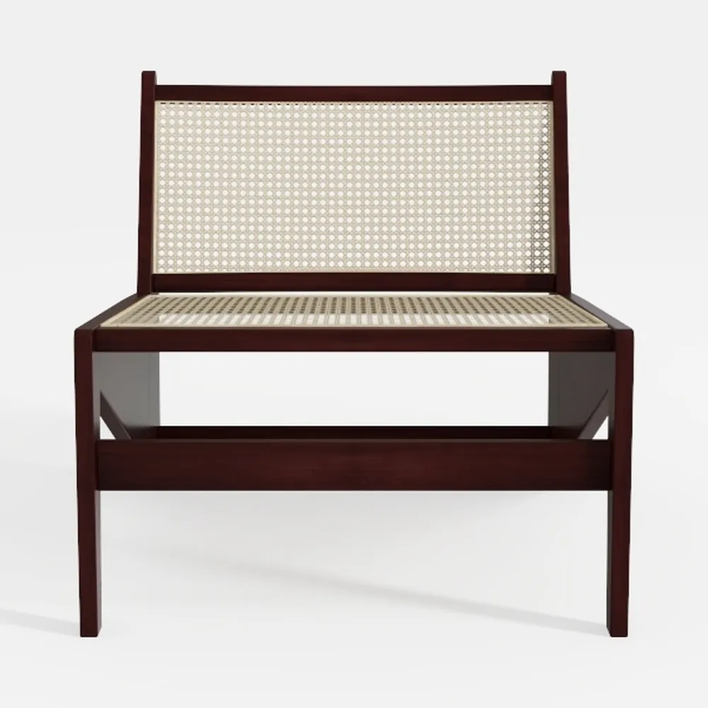 Brown Rubberwood Armless Accent Chair with PE Ratt