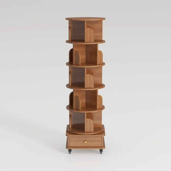 Solid Wood Rotating Bookshelf with Bottom Drawer Mobile Storage 3D Model