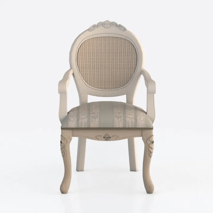 Vintage French Rattan Fabric Carved Wood Armchair 3D Model