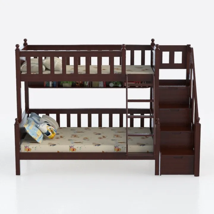 Solid Wood Kids Bunk Bed with Storage Stairs 3D Model