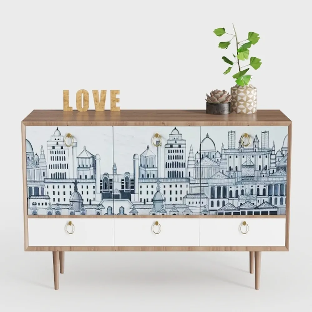 4 Door Wood Cabinet, Vintage Carved Storage