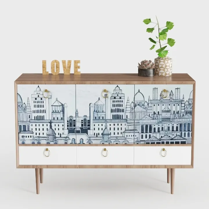 4 Door Wood Cabinet, Vintage Carved Storage