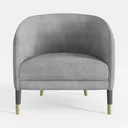 Modern Grey Velvet Upholstered Barrel Armchair with Metal Gold Accent Legs 3D Model Front View