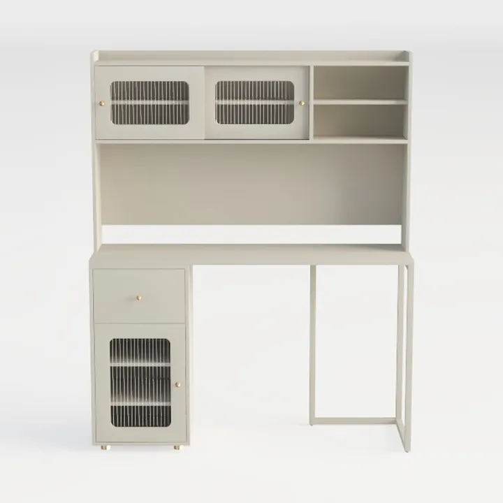 Minimalist Beige Metal Glass Home Office Desk With Storage Cabinet 3D Model