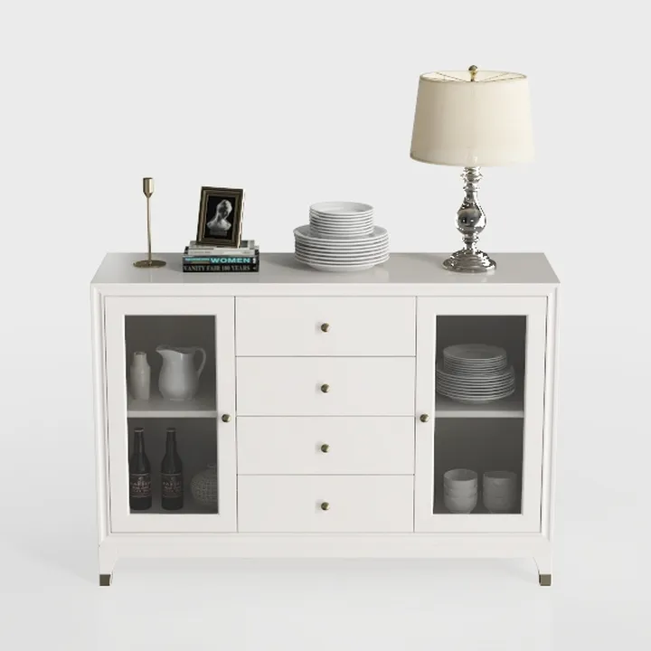 Minimalist White Solid Wood Sideboard Cabinet with Glass Doors 3D Model