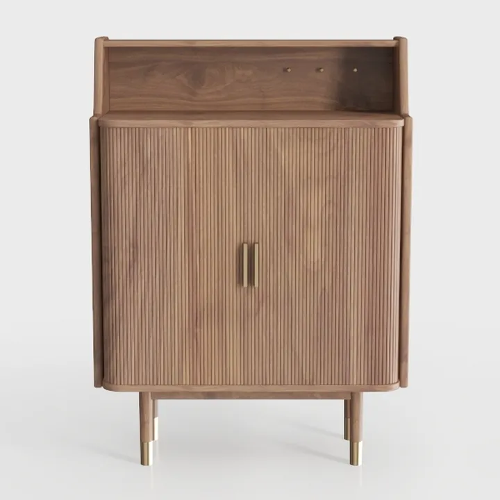 Minimalist Walnut Fluted Door Accent Cabinet With Brass Hardware 3D Model