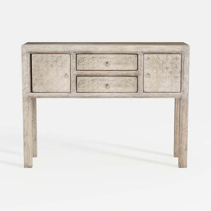 Rustic Distressed Solid Wood Console Table with Carved Details 3D Model