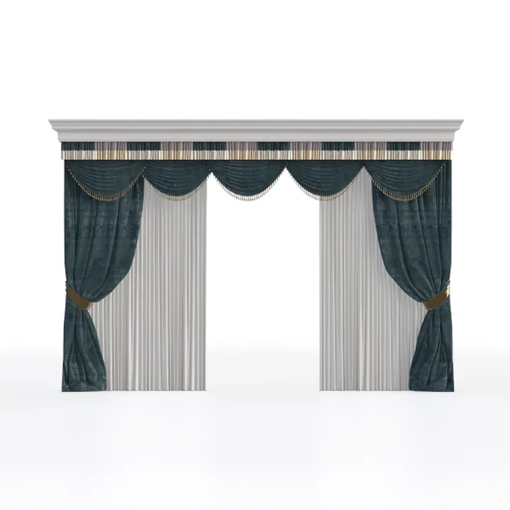 Luxury Velvet Fabric Window Curtains With Valance And Gold Accents 3D Model