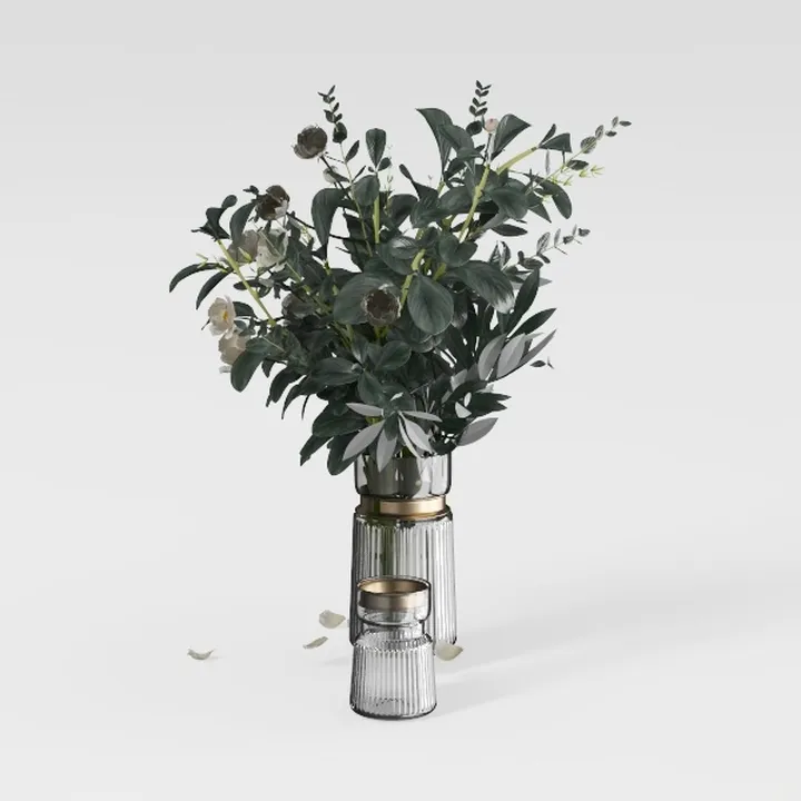 Modern Glass Brass Decorative Vase with Floral Arrangement 3D Model