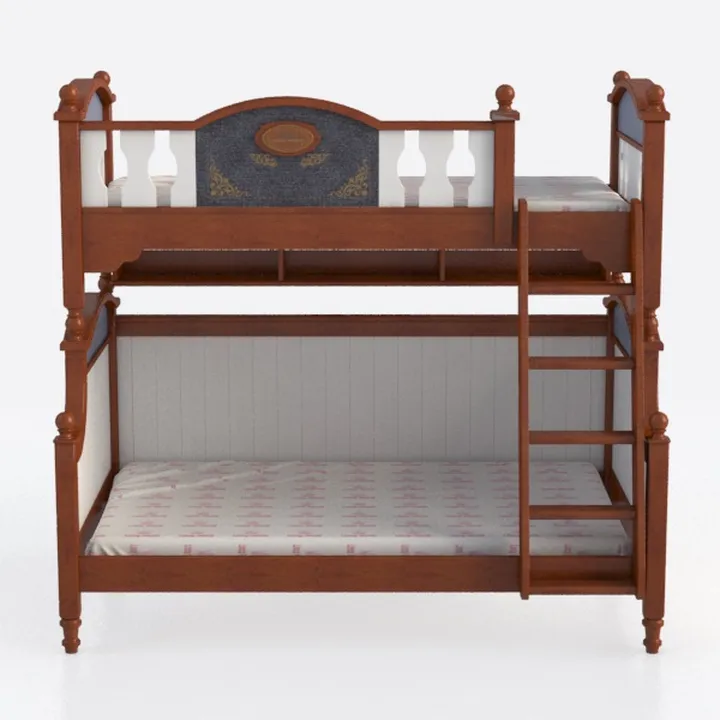 Vintage Solid Wood Kids Bunk Bed with Ladder 3D Model