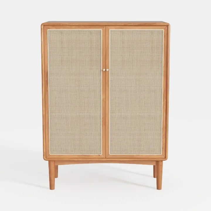 Mid Century Modern Solid Wood Rattan Double Door Cabinet 3D Model
