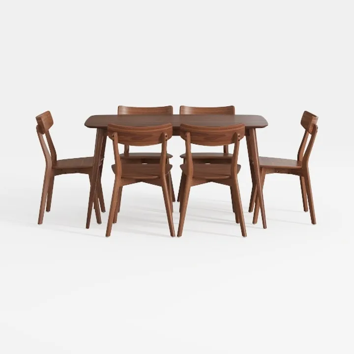 Modern Walnut Solid Wood Dining Table Set with 6 Chairs 3D Model