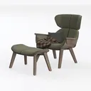 Modern Olive Green Fabric Wood Lounge Armchair and Ottoman 3D Model Left 45 Degree View