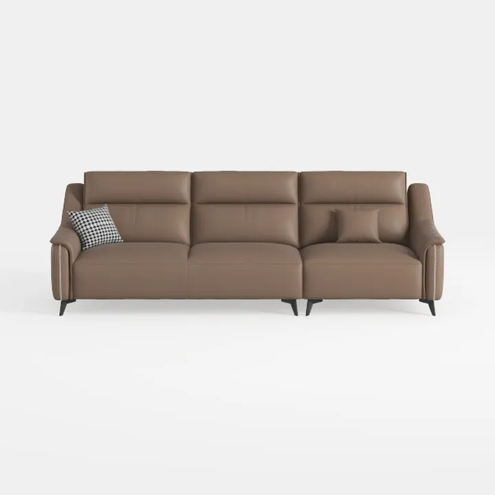 Modern Brown Leather 3 Seater Sofa With Decorative Throw Pillows 3D Model