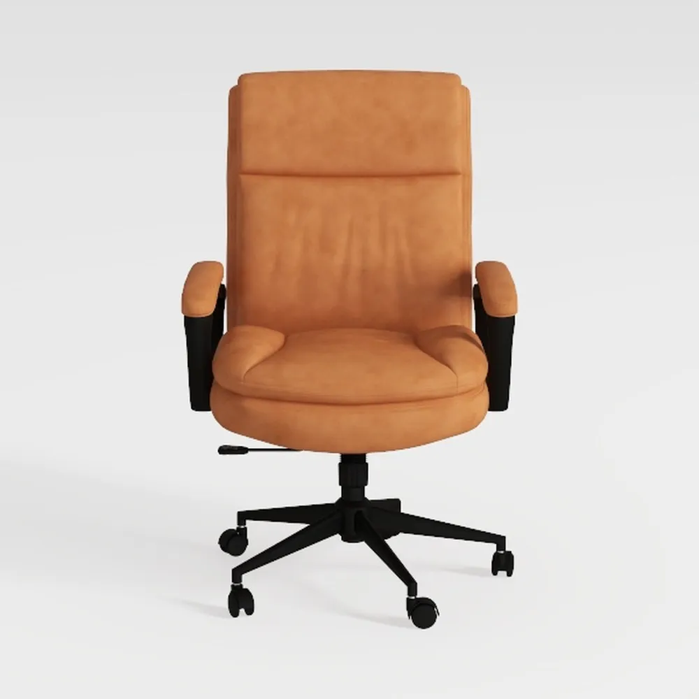 Brown Leather Office Chair with Wheels,Three-Layer
