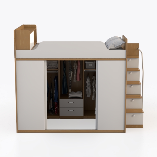 Wood Loft Bed Full Size with Build-in Wardrobes Ca