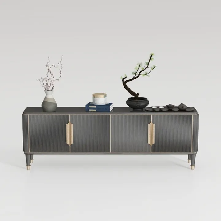 Modern Dark Wood Gold Accent Fluted TV Stand Cabinet 3D Model