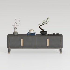 Modern Dark Wood Gold Accent Fluted TV Stand Cabinet 3D Model