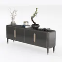 Modern Dark Wood Gold Accent Fluted TV Stand Cabinet 3D Model Left 45 Degree View