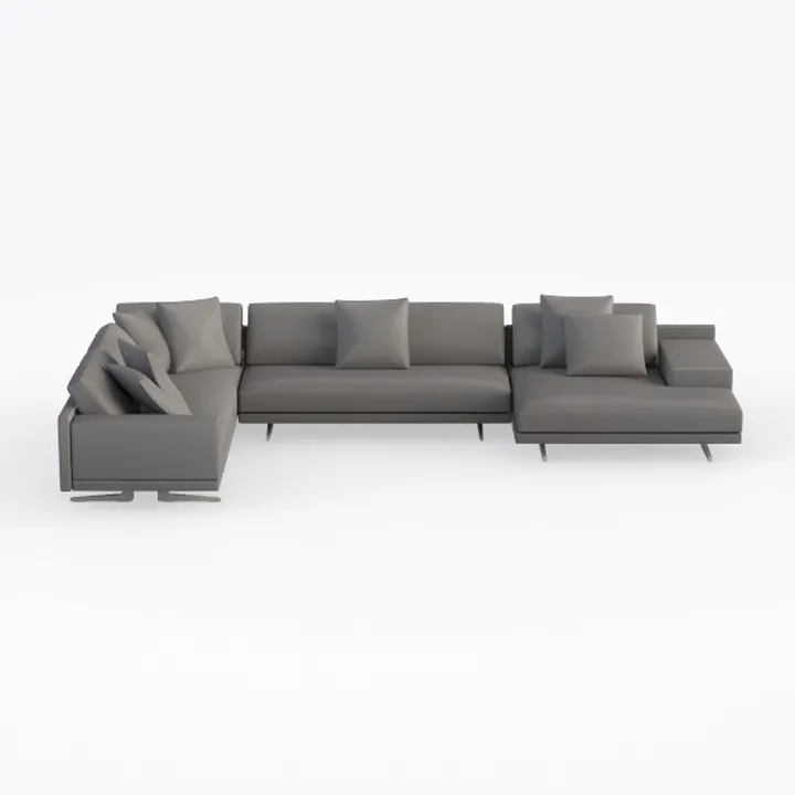 Modern Grey Leather Sectional Sofa with Throw Pillows Metal Legs 3D Model