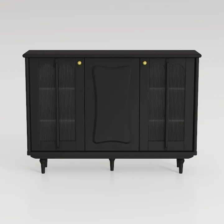 Minimalist Black Solid Wood Sideboard with Fluted Glass Doors 3D Model
