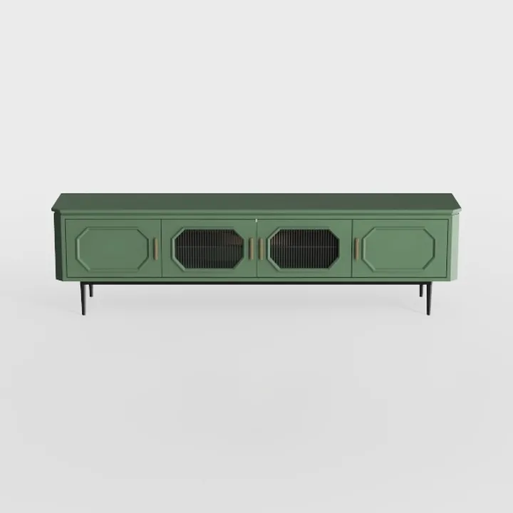 Modern Green Solid Wood TV Stand With Glass Doors Metal Legs 3D Model