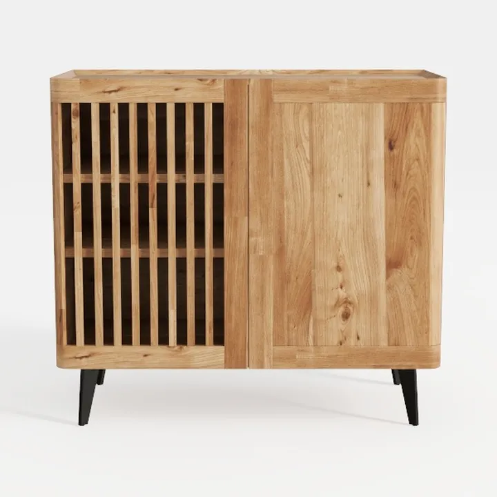 Minimalist Solid Oak Wood Accent Cabinet With Slatted Door 3D Model