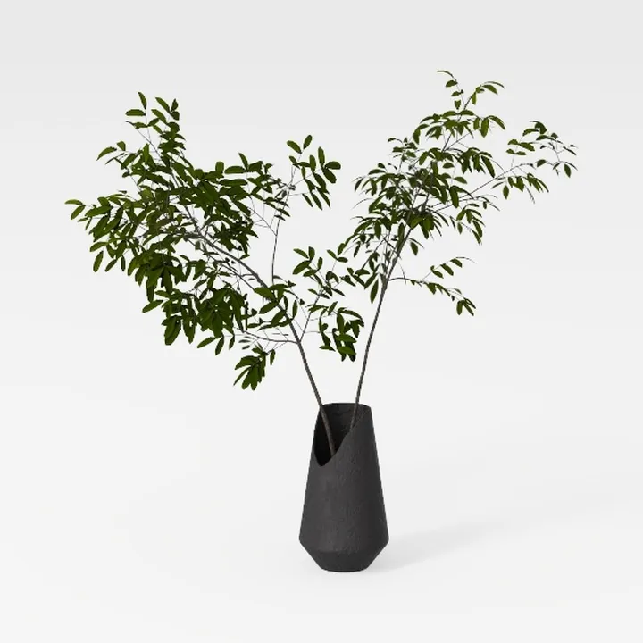 Minimalist Black Ceramic Tabletop Vase with Green Foliage 3D Model