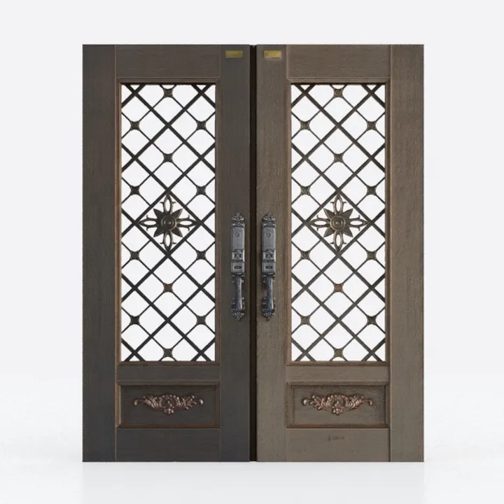Vintage Solid Wood Metal Lattice Double Front Entry Doors 3D Model