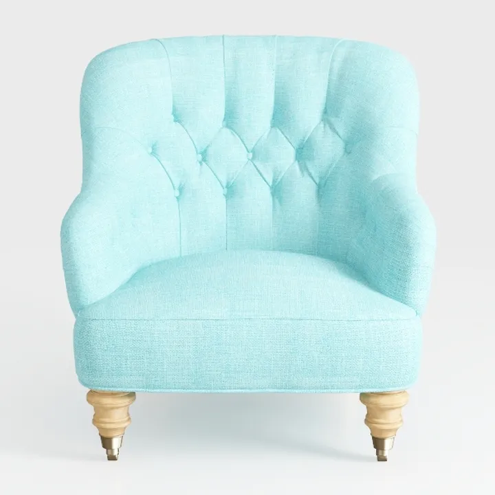 Modern Tufted Fabric Armchair With Wooden Brass Accent Legs 3D Model