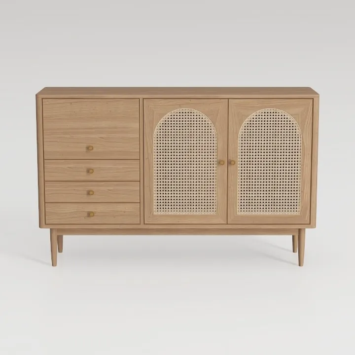 Minimalist Japandi Oak Rattan Sideboard Cabinet with Drawers 3D Model