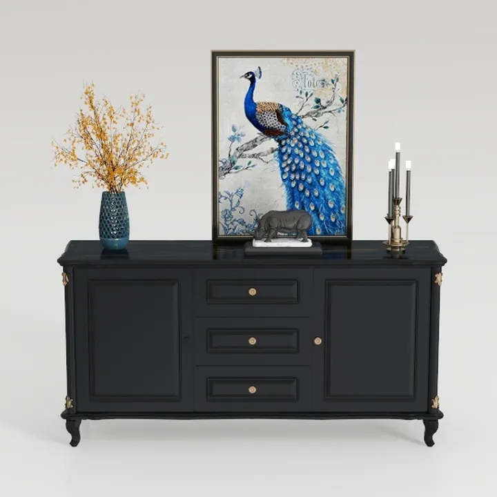 Classic Black Solid Wood Sideboard with Gold Accents Decorative 3D Model